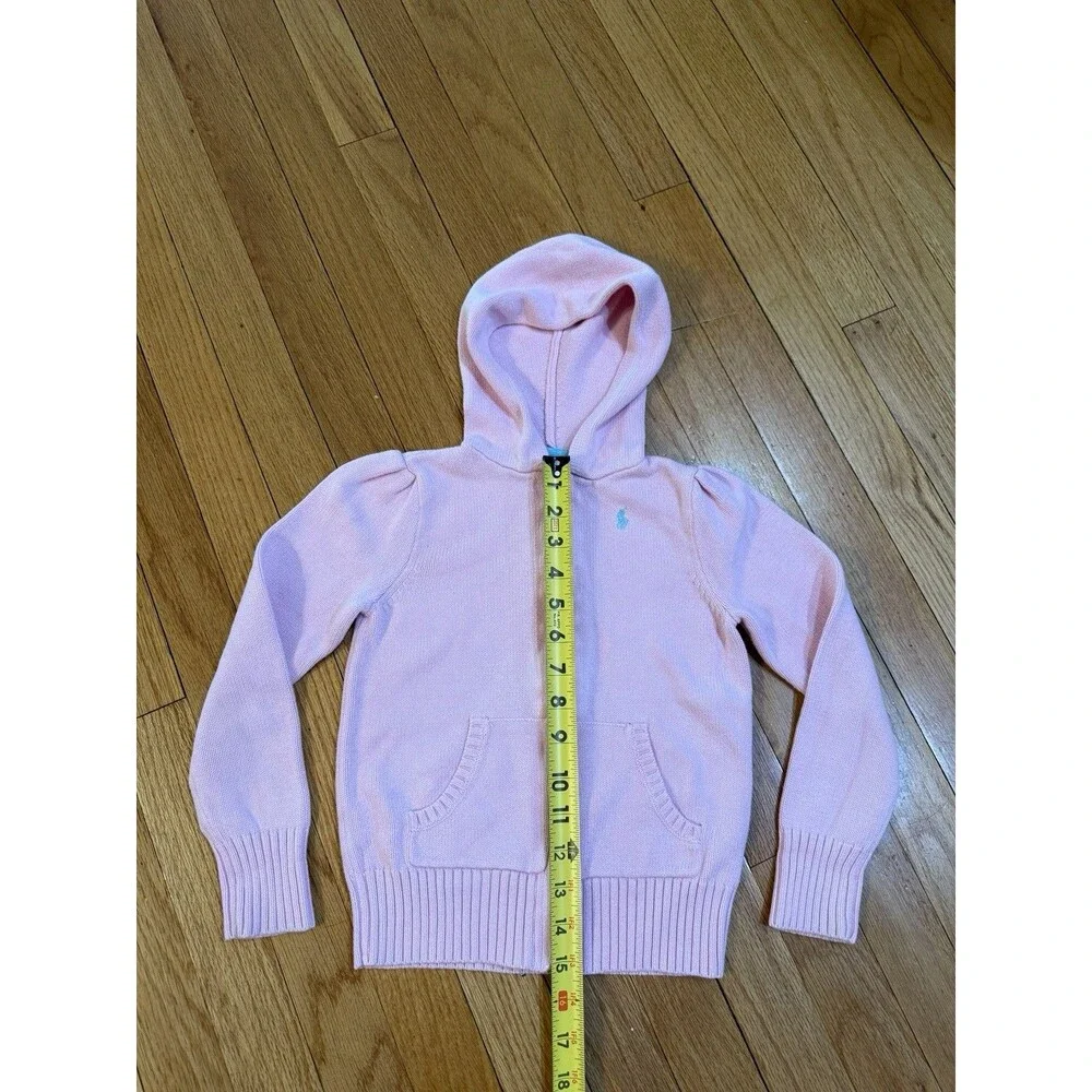 Ralph Lauren Girls Zip Up Knit Cardigan Sweater Size 6x Light Pink Hooded EUC